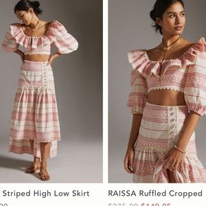 Anthropologie RAISSA ruffled A-line striped hi low skirt and top dress 2 piece M